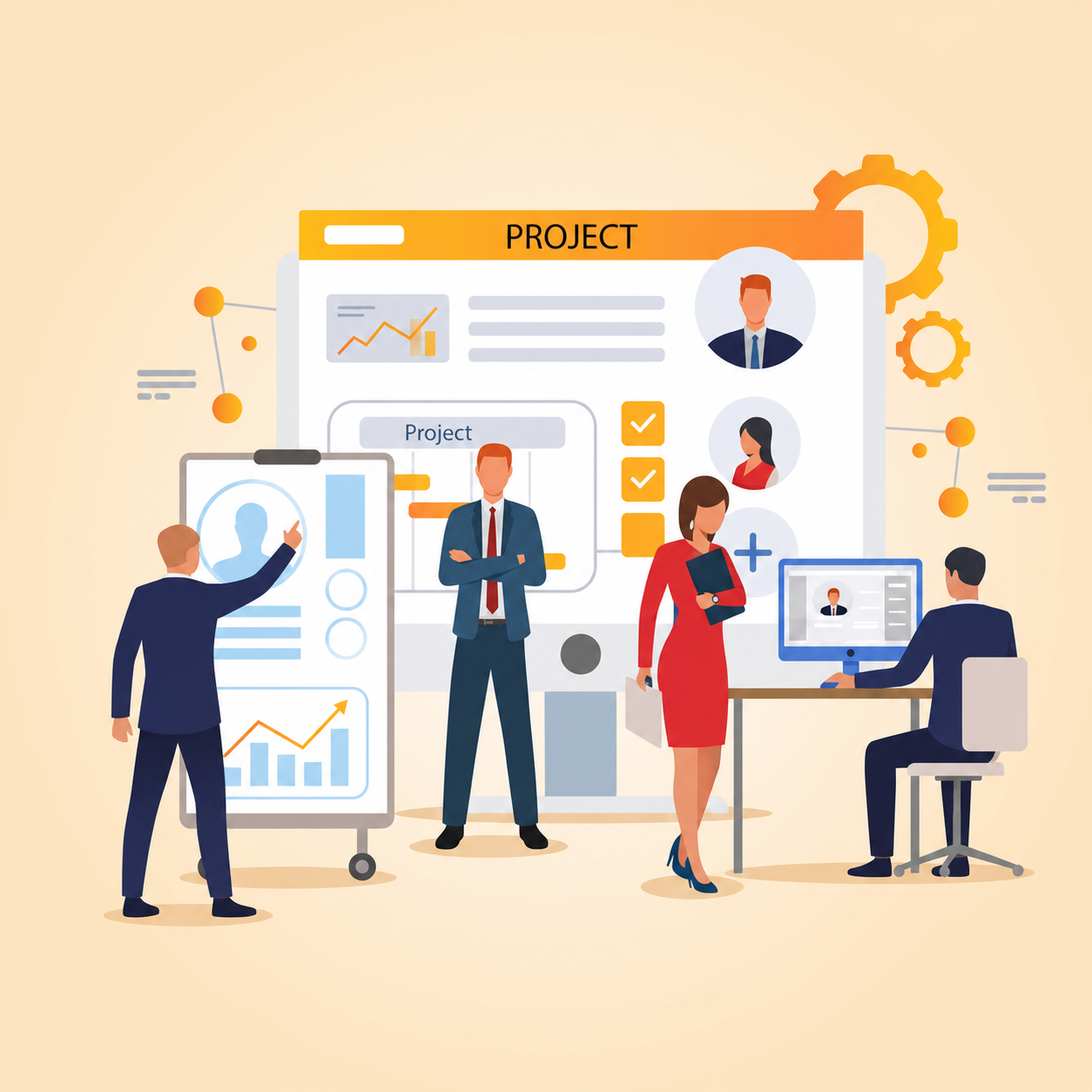 HR team collaborating around a project dashboard